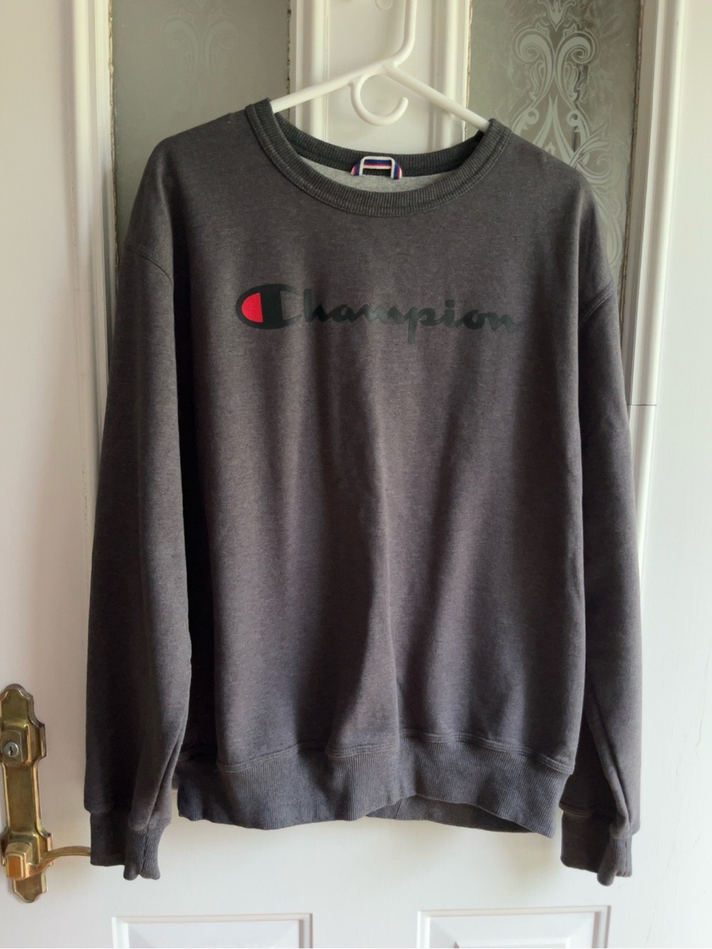 Champion Men's Dark Gray Crewneck Sweatshirt with Red Logo Accent